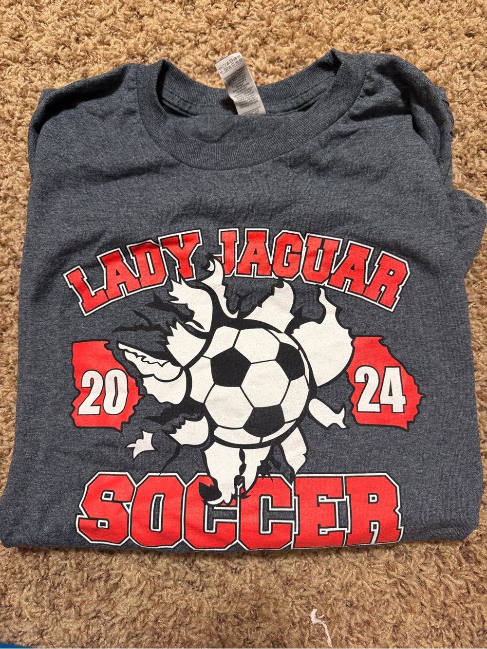 Gildan Gray Women's 'Lady Jaguar Soccer' Tee with Red and White Graphic